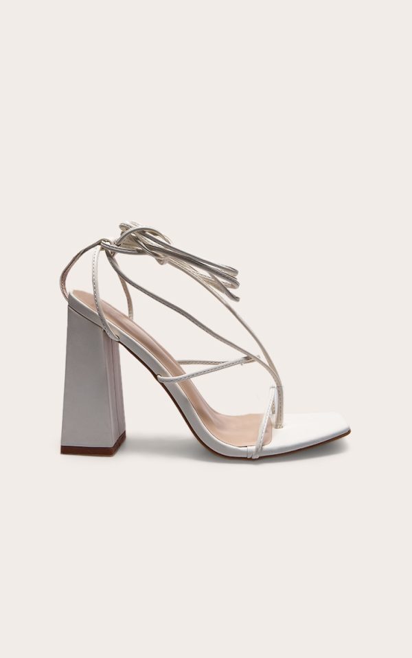 White PU Toe Detail Lace Up High Block Heeled Sandals