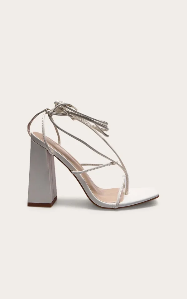 White PU Toe Detail Lace Up High Block Heeled Sandals