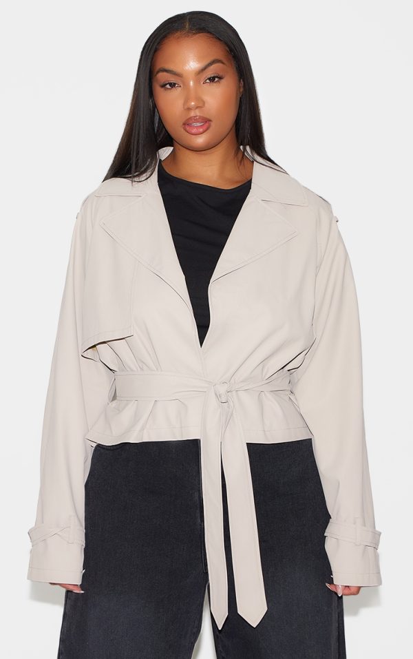 Plus Beige Rubberised Loose Fit Cropped Trench Coat