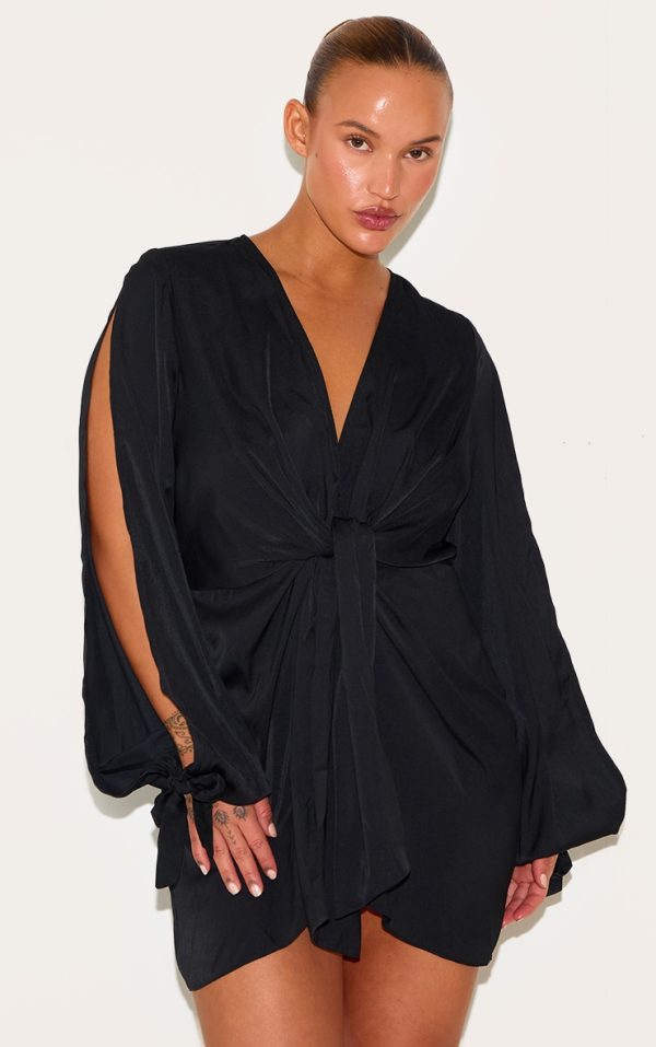 Plus Black Satin Twist Front Open Sleeve Wrap Dress