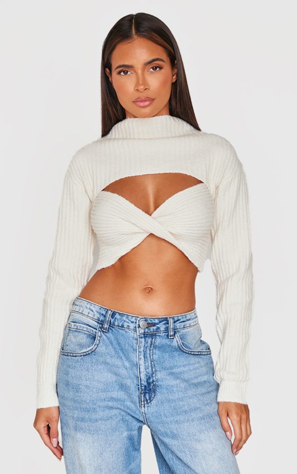 Cream Ribbed Twist Front Cut Out Sweater