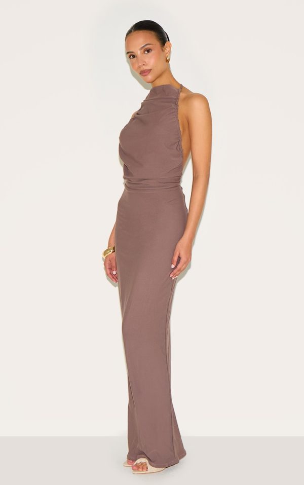 Petite Taupe Backless Halterneck Maxi Dress