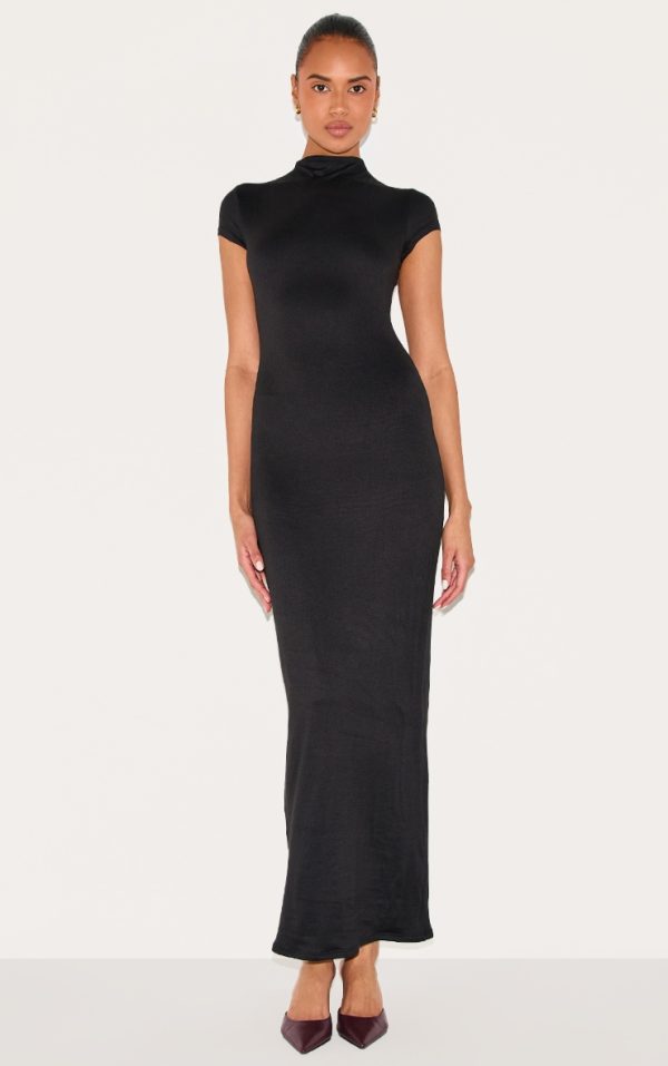Black Double Contour Boat Neck Maxi Dress