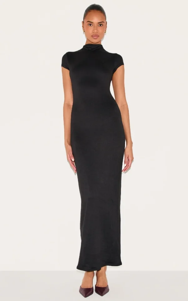Black Double Contour Boat Neck Maxi Dress