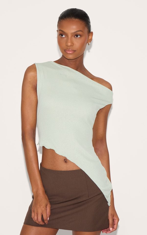 Sage Green Burnout Mesh Asymmetric Long Top