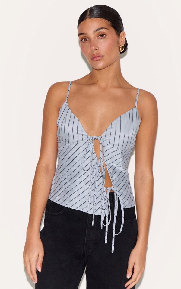 Petite Blue Pinstripe Tie Front Top
