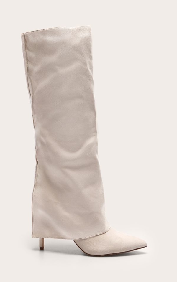 Stone Faux Suede Point Toe Fold Over High Stiletto Knee High Heeled Boots