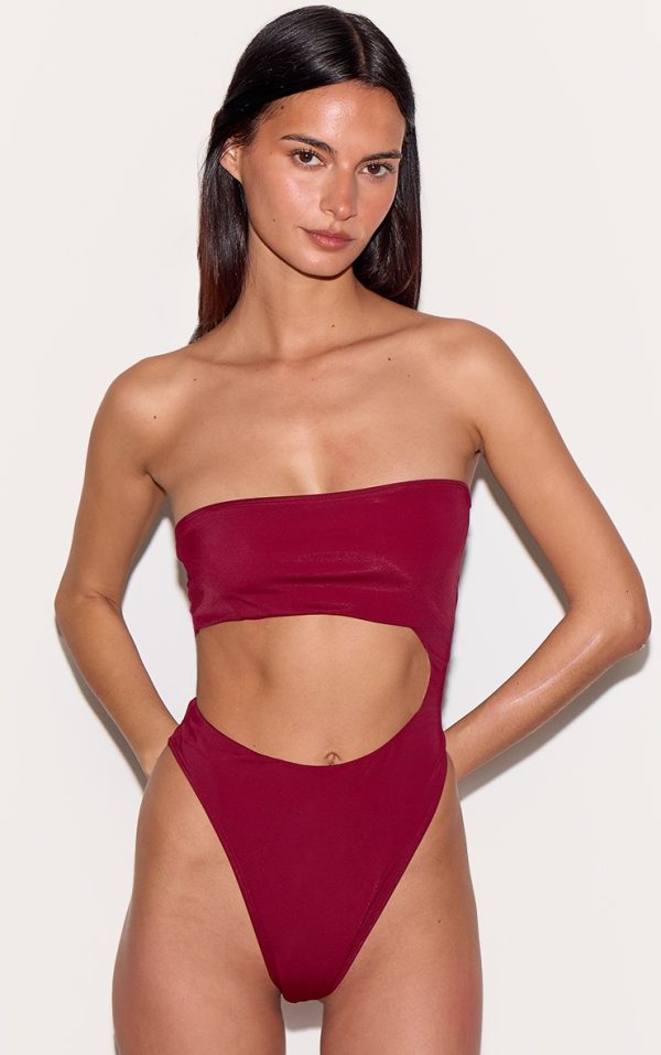 Berry Red Bandeau Cut Out High Leg Swimsuit