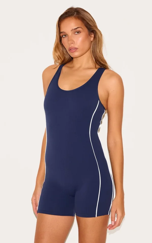 Navy Sculpt Contrast Binding Scoop Neck Unitard