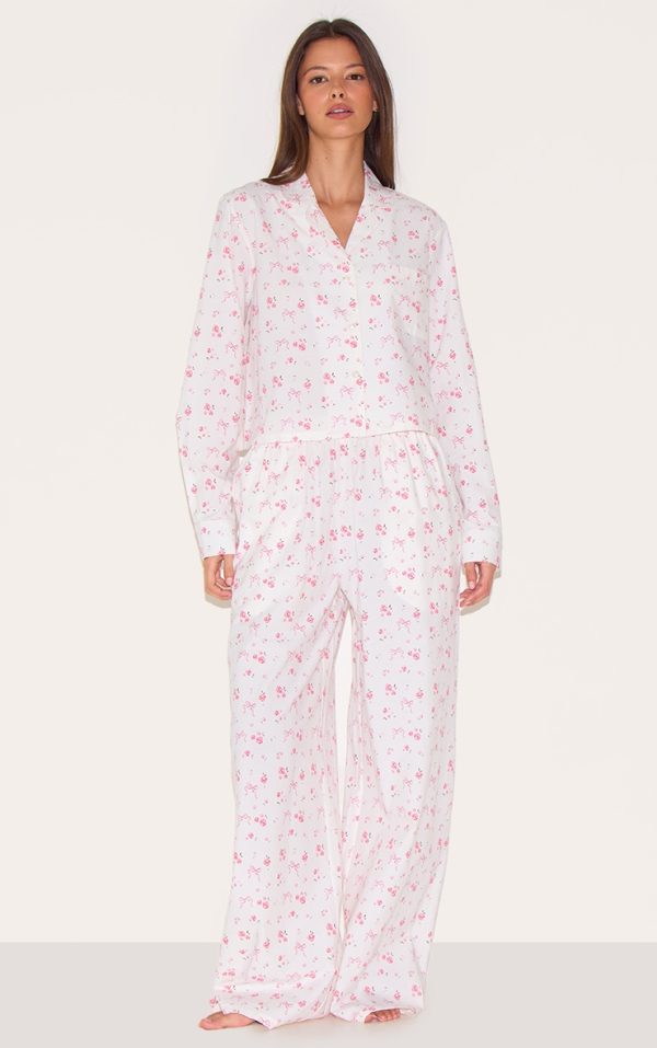 White Floral Bow Print Woven Long Pj Set