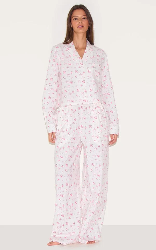 White Floral Bow Print Woven Long Pj Set
