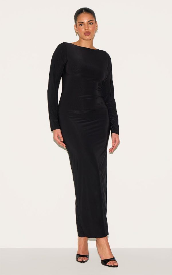 Plus Black Double Layer Slinky Flared Sleeve Midaxi Dress