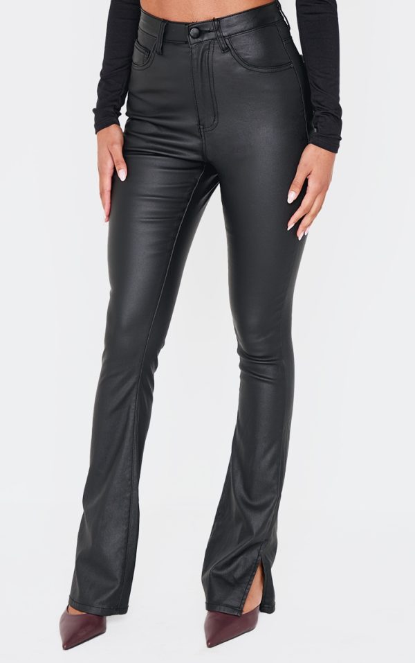 Black Coated Denim Split Hem Flares