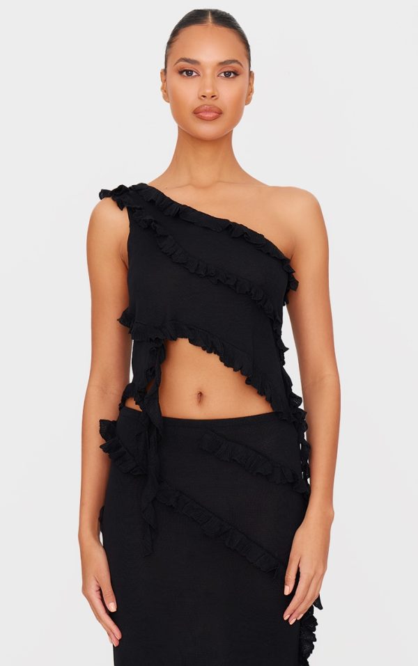 Black Rib Knit Frill Detail Asymmetric Top