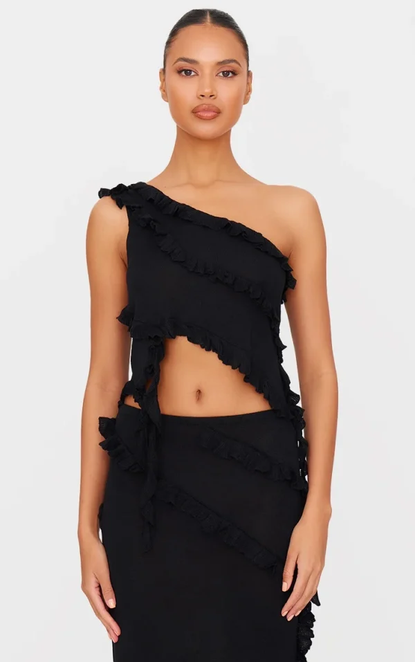 Black Rib Knit Frill Detail Asymmetric Top