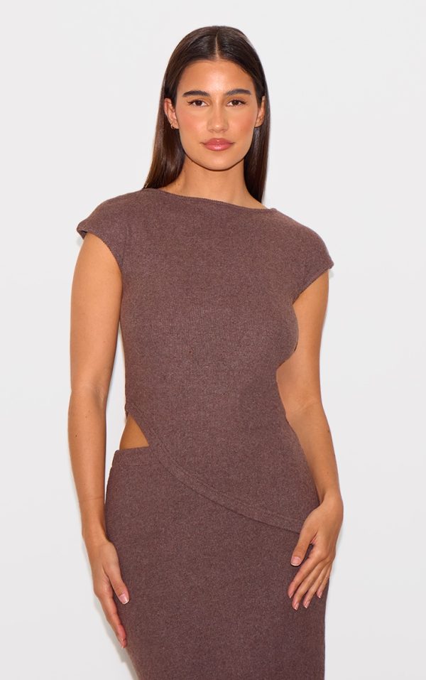 Chocolate Brown Brushed Rib Asymmetrical Cap Sleeve Long Top