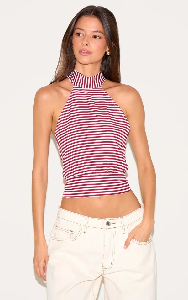 Red Striped Backless Halterneck Top
