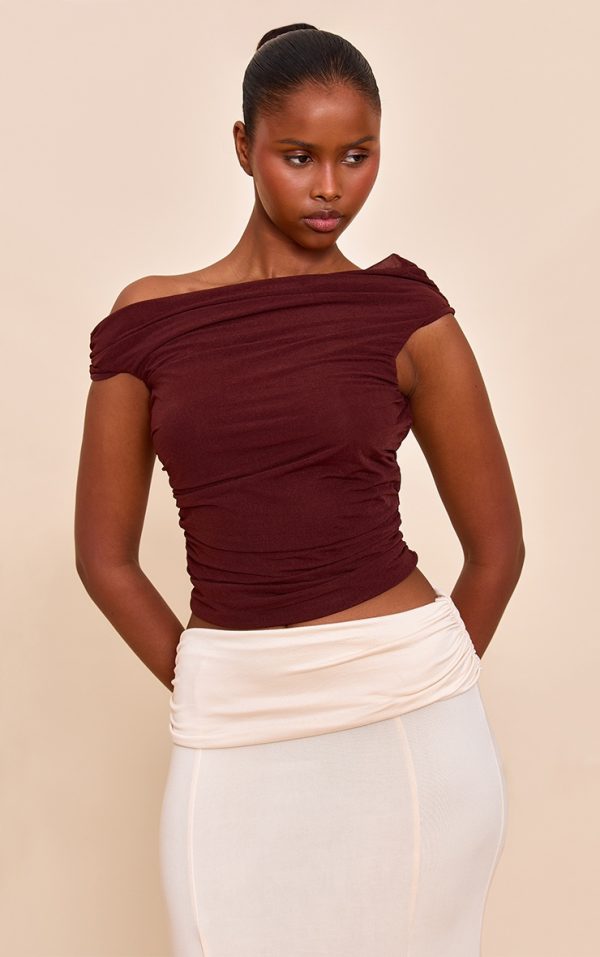 Chocolate Stretch Chiffon Ruched Detail Long Top