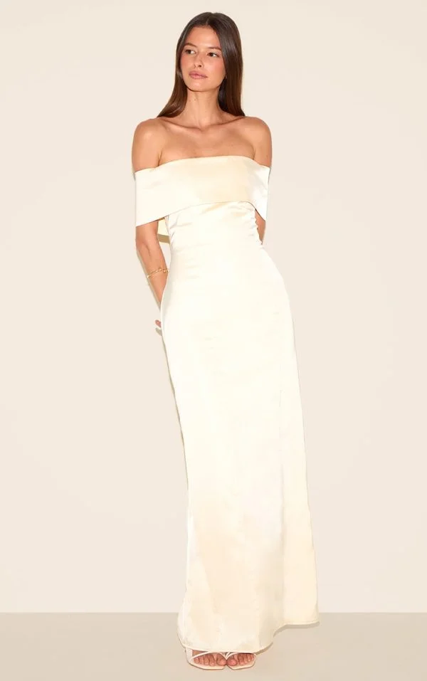 Lemon Bridesmaid Bardot Fold Over Sleeveless Maxi Dress