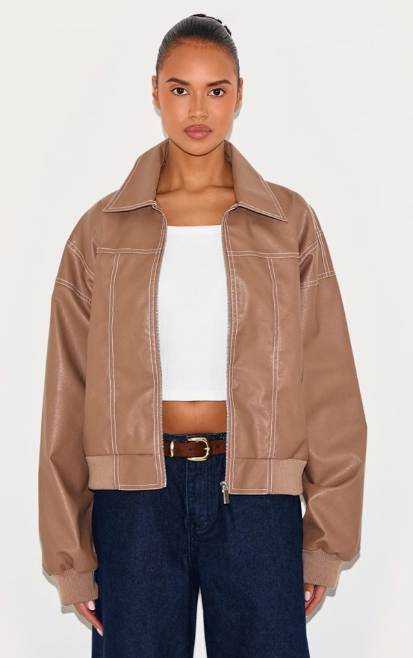 Deep Taupe Faux Leather Stitch Detailing Biker Jacket