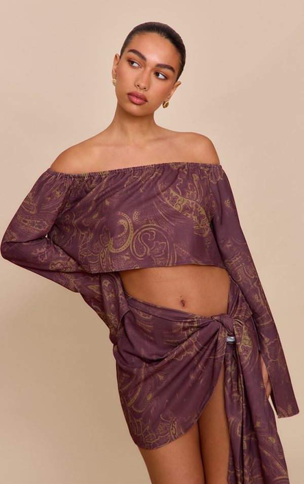 Brown Paisley Print Woven Off Shoulder Cropped Top