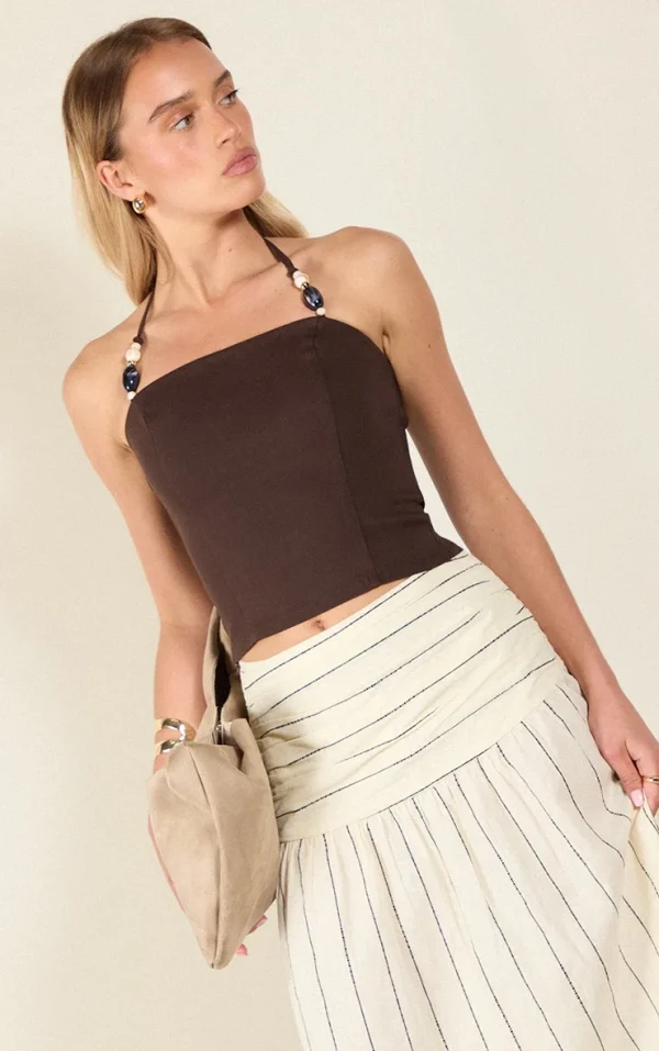 Chocolate Bengaline Beaded Halterneck Long Top