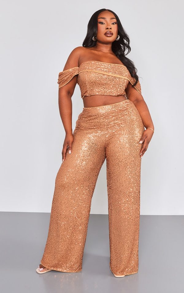 Plus Bronze Sequin High Waist Wide Leg Pant