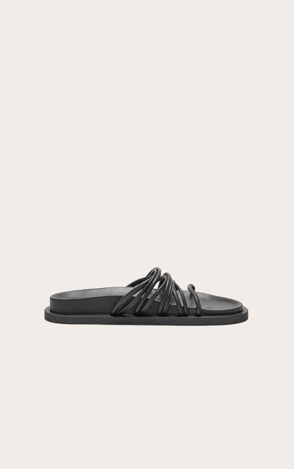 Black Real Leather Round Toe Strap Detail Footbed Sandals