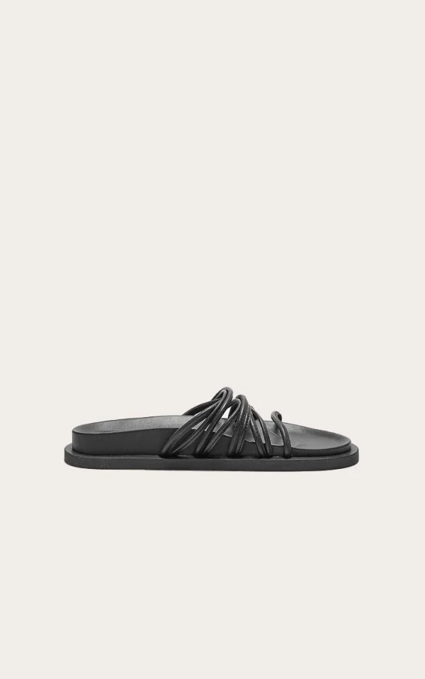 Black Real Leather Round Toe Strap Detail Footbed Sandals
