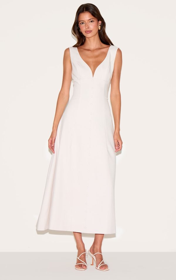 Cream Tailored Woven Plunge Button Down Midi Dress