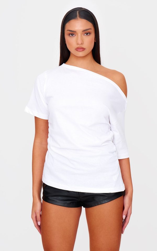 White Asymmetric Ruched Side Detail T Shirt