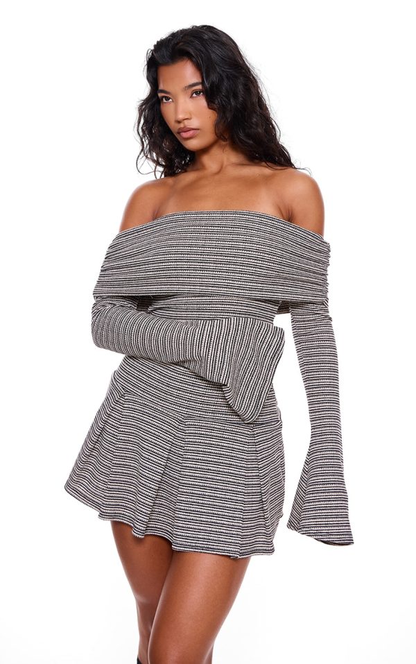 Monochrome Textured Bardot Flared Sleeve Shift Dress