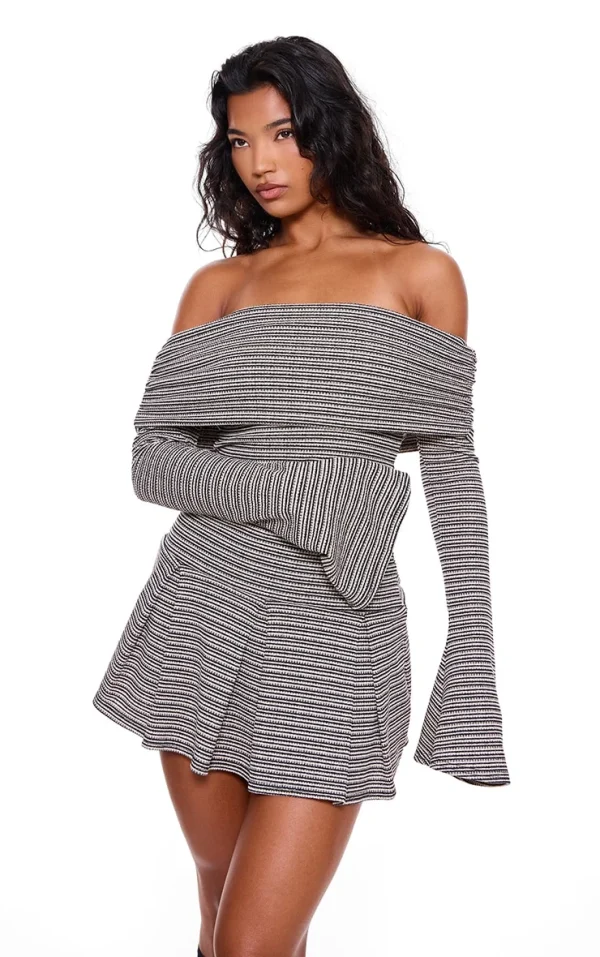 Monochrome Textured Bardot Flared Sleeve Shift Dress