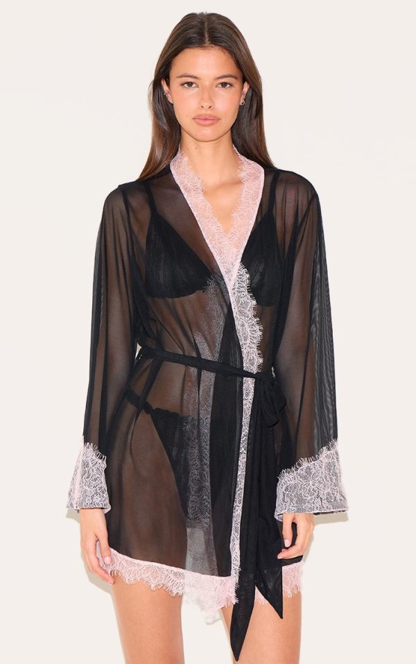 Black Mesh Contrast Eyelash Lace Robe