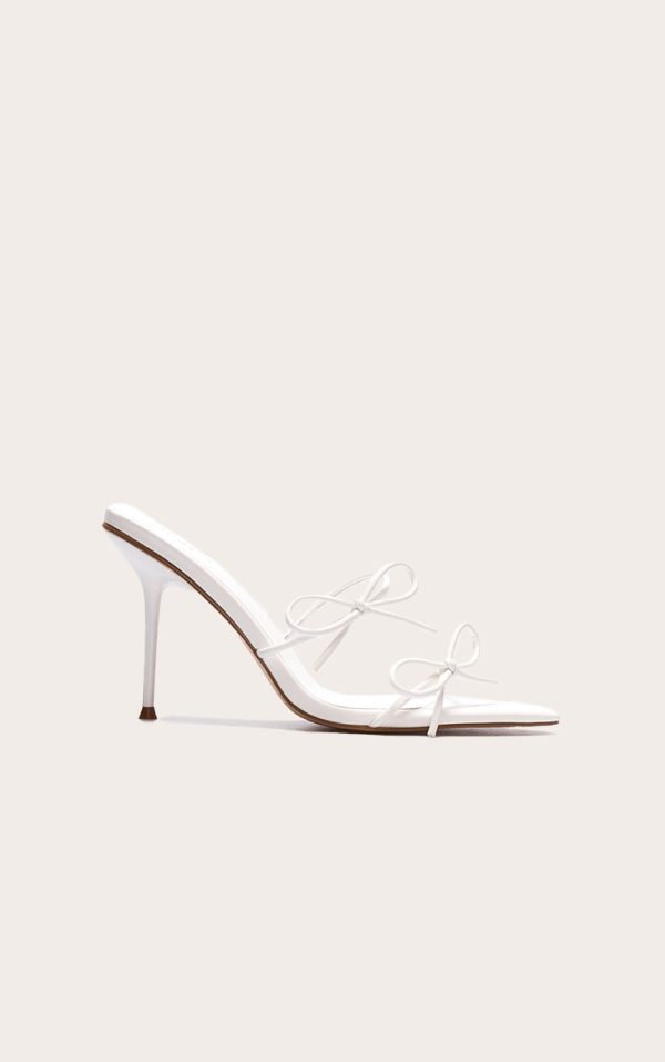 White Wide Fit Pu Point Toe Multi Bow High Stiletto Heeled Mules
