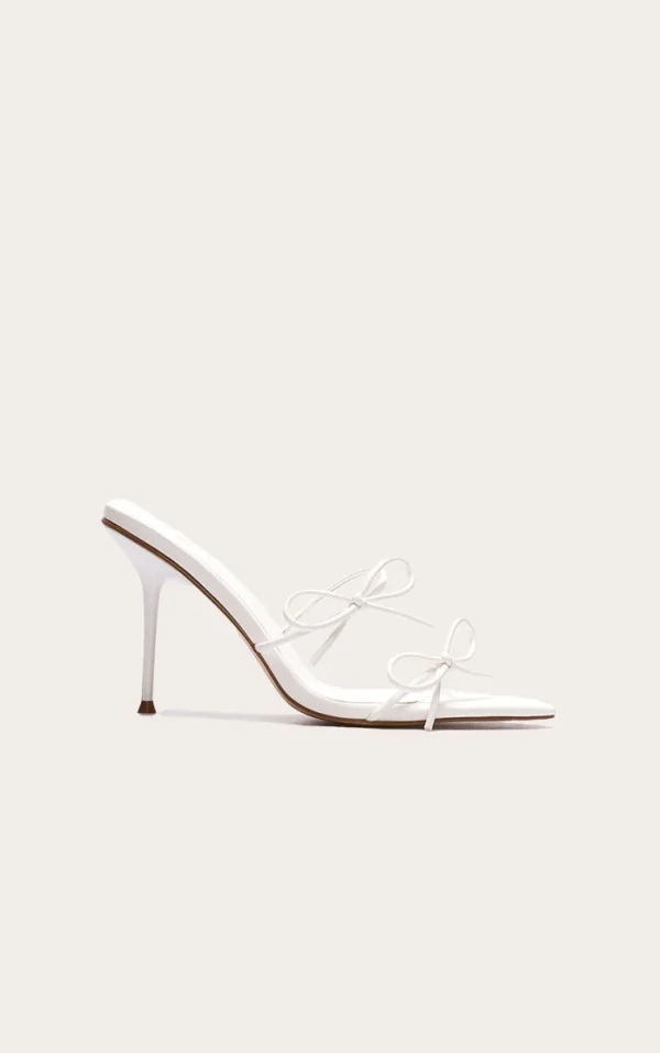 White Wide Fit Pu Point Toe Multi Bow High Stiletto Heeled Mules