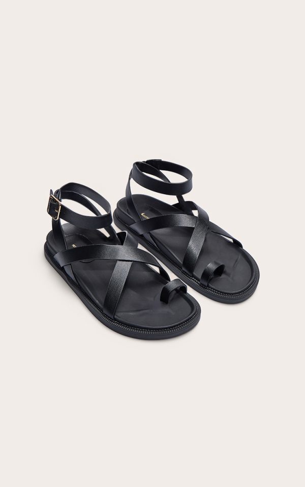 Black Pu Round Toe Ankle Strap Footbed Sandals