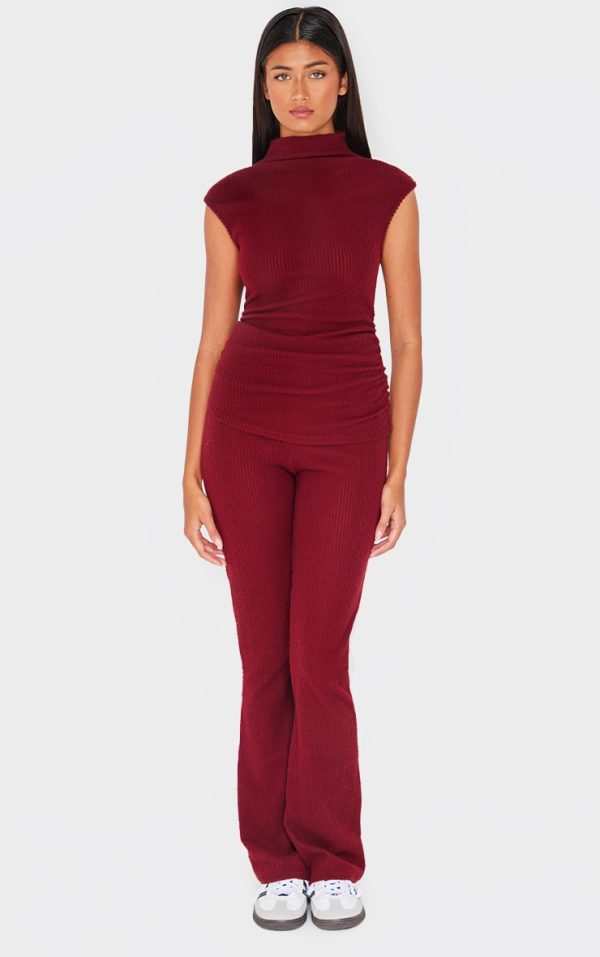 Burgundy Soft Rib Ruched Skinny Flare Pants