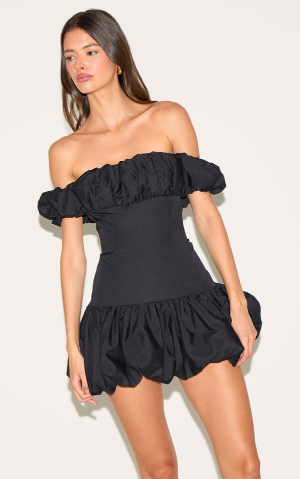 Black Ruched Bardot Puff Hem Bodycon Dress