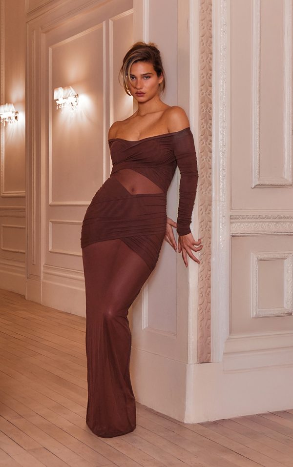 Chocolate Brown Mesh Bardot Layered Ruched Maxi Dress
