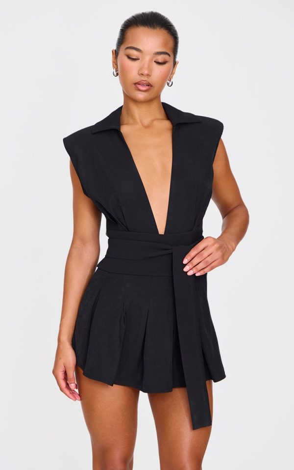 Black Woven Shoulder Pad Sleeveless Skort Romper