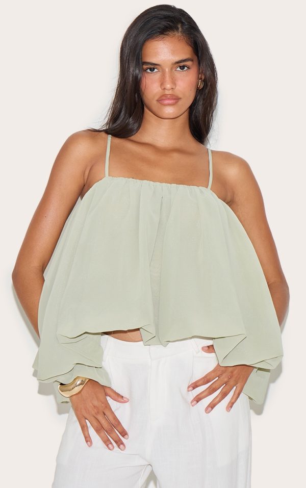 Sage Puffball Chiffon Spaghetti Strap Cami