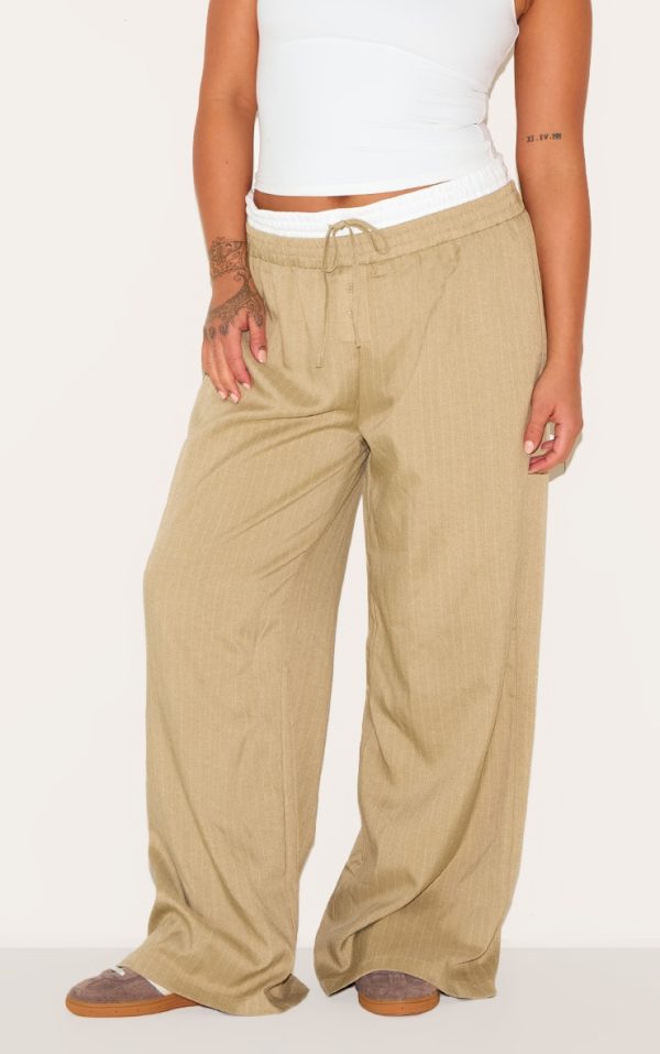 Plus Olive Pinstripe Print Button Front Straight Leg Pants