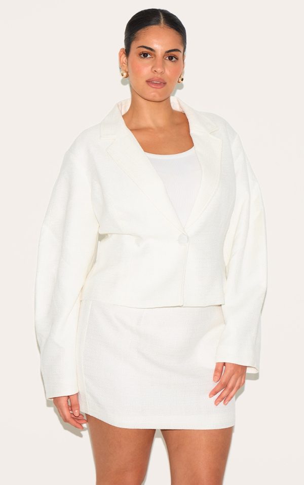 Plus Cream Boucle Cinched Waist Blazer
