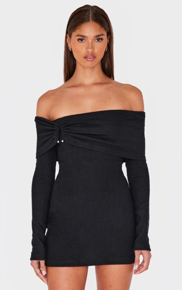 Black Heavy Brushed Rib Bardot Trim Mini Dress