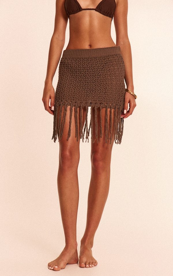Chocolate Crochet Knit Tassel Mini Skirt