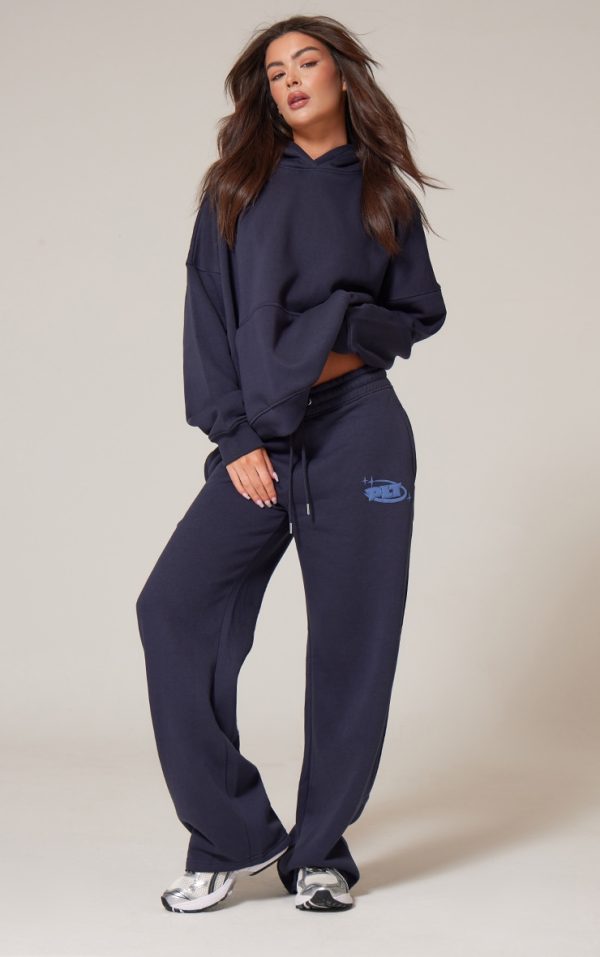 PRETTYLITTLETHING Navy Oversized Puff Print Straight Leg Sweatpants