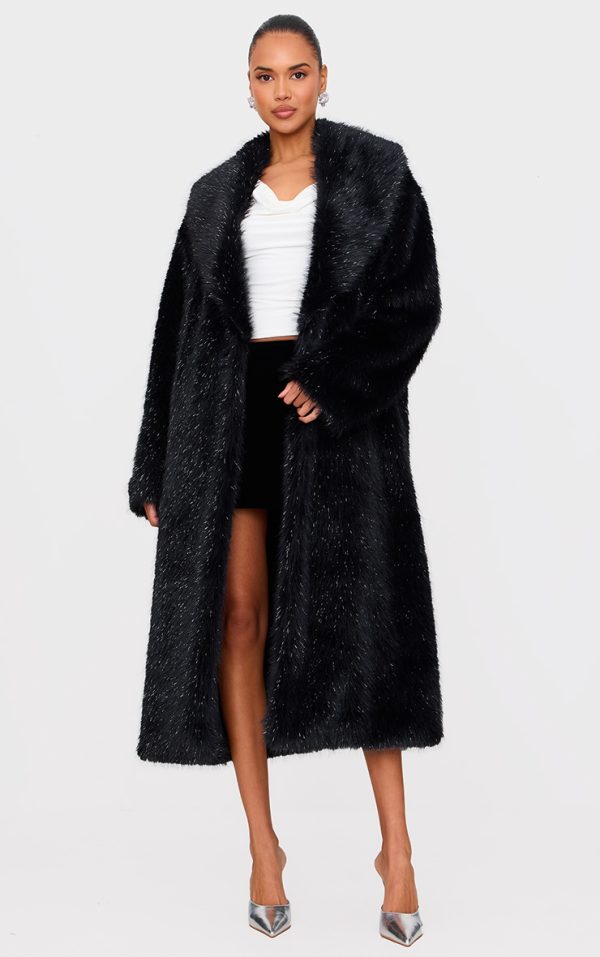 Black Glitter Faux Fur Maxi Coat