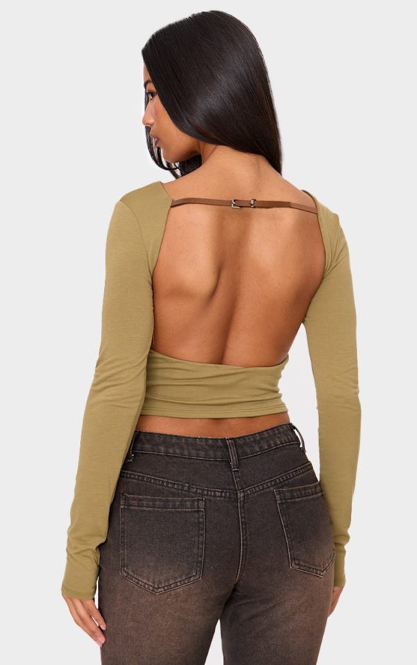 Olive Contour Jersey Buckle Detail Backless Long Sleeve Top