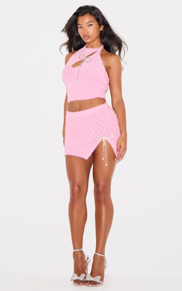 Pink Textured Eyelash Knit Bow Trim Mini Skirt
